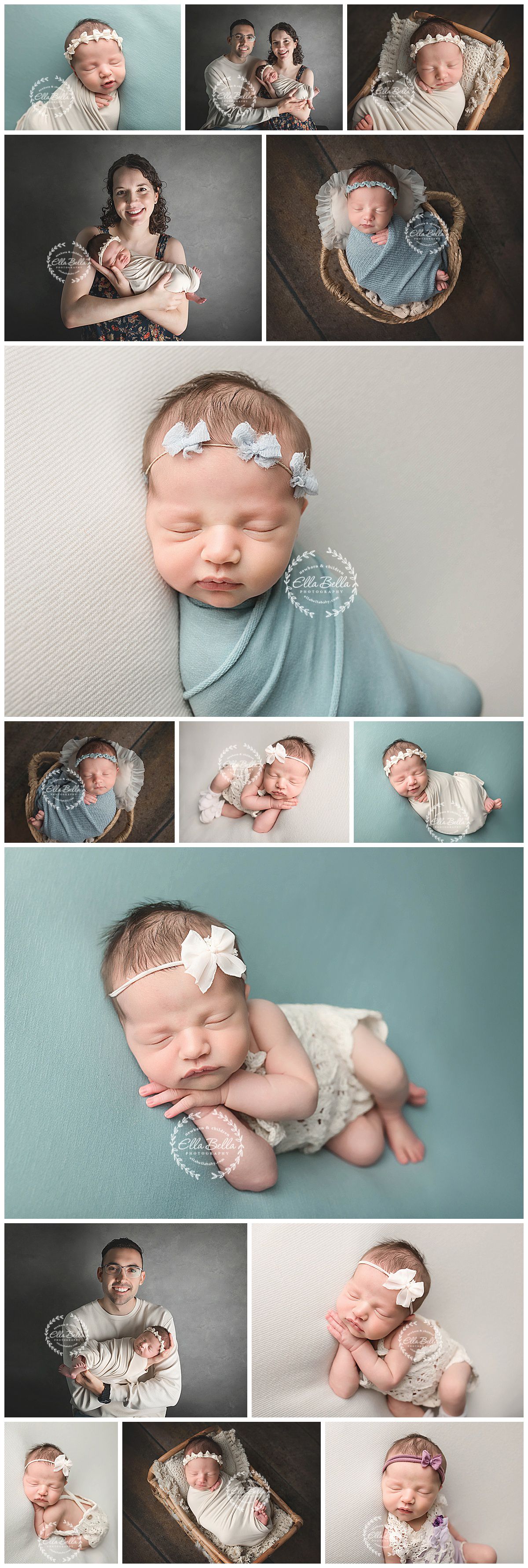 Professional newborn photography session featuring dreamy mint and cream tones with delicate headbands and wraps in studio setting.