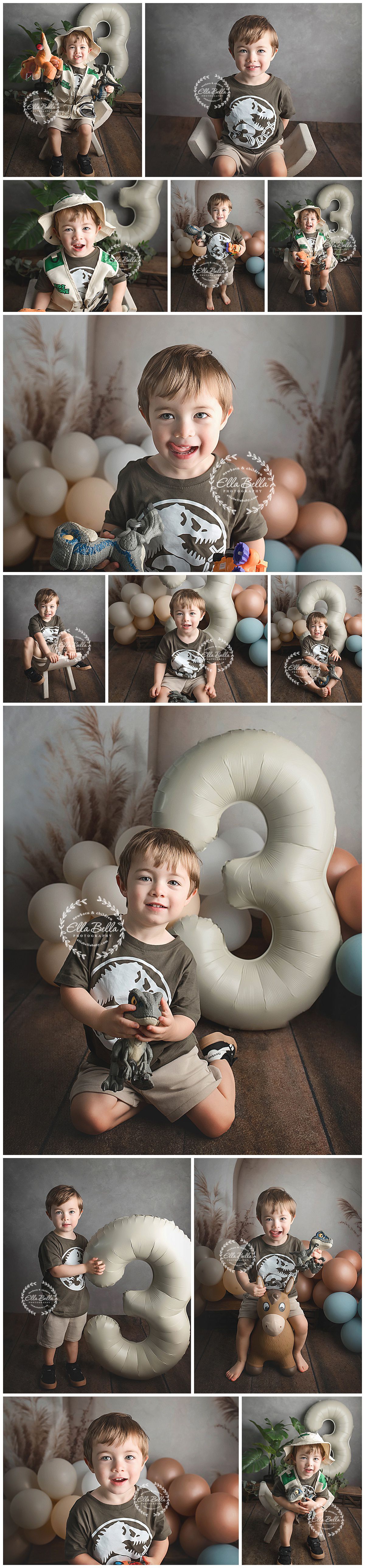 Professional photoshoot with dinosaur theme featuring plush toys, balloons, and a large number 3 prop against neutral backdrop.