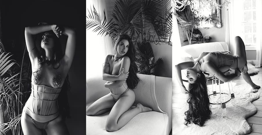Three black and white artistic boudoir photos showing intimate poses with vintage-inspired lingerie and soft lighting.