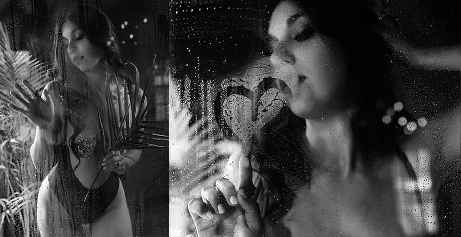 Two artistic black and white photos show a performer singing passionately on stage in dramatic lighting.