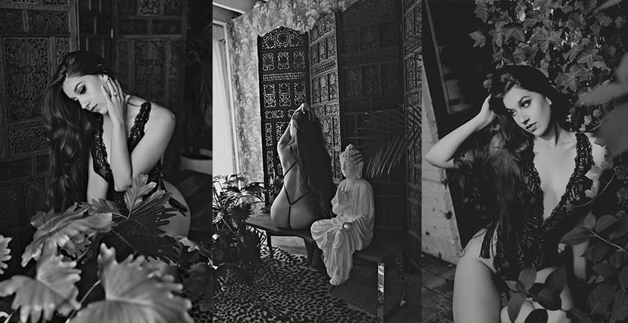 A dramatic black and white boudoir photoshoot featuring three artistic poses in a vintage-style setting.