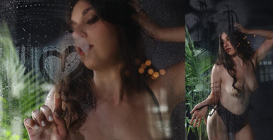 Artistic boudoir photo session in moody lighting with shadows and natural light.