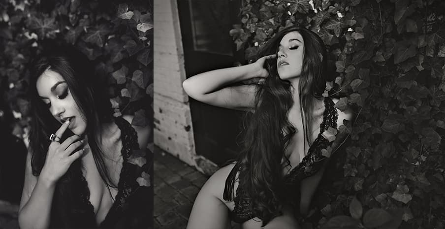 Two moody black and white portraits showing a person in dark lingerie posed among foliage.