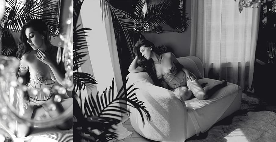 A series of black and white candid photographs showing intimate moments between couples during pregnancy and newborn care.