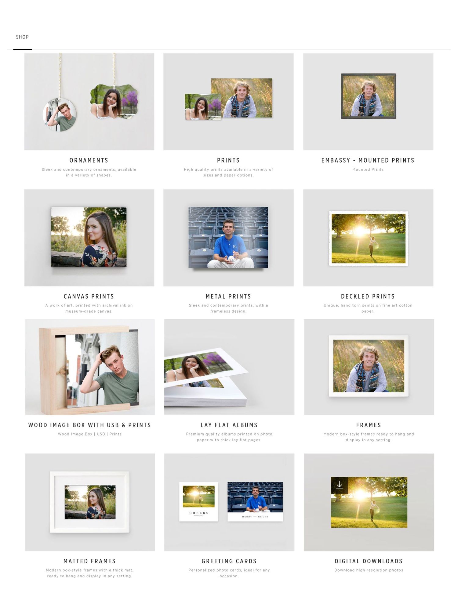 Photography product catalog displaying various photo print layouts and album options.