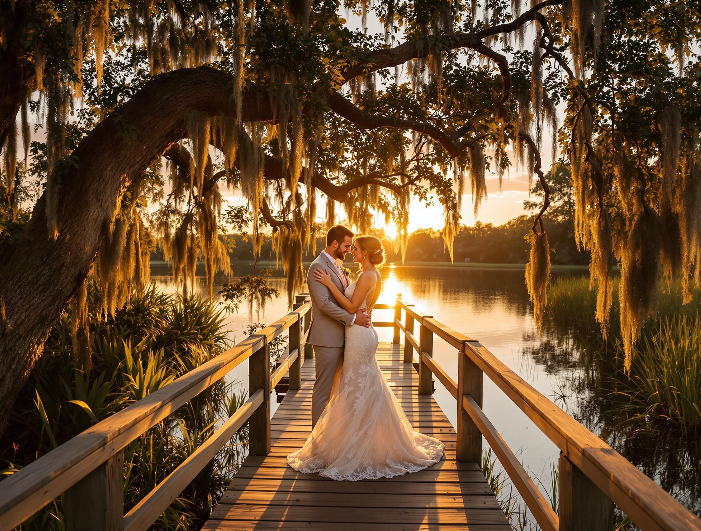 A couple embraces on a wooden boardwalk surrounded by Spanish moss draped trees at sunset in Florida.