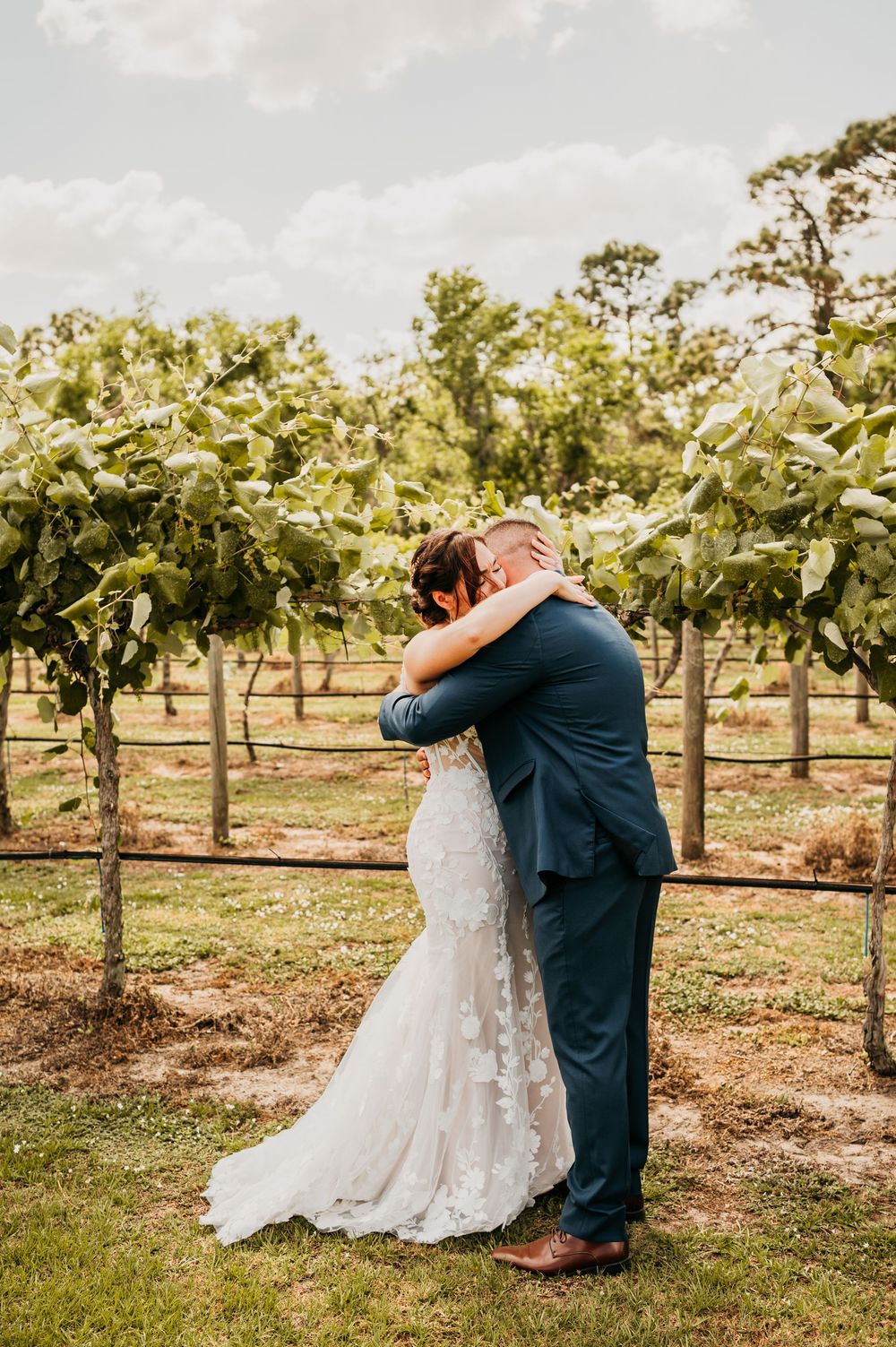 Newlyweds share an intimate first look moment among rows of grape vines at a vineyard wedding.