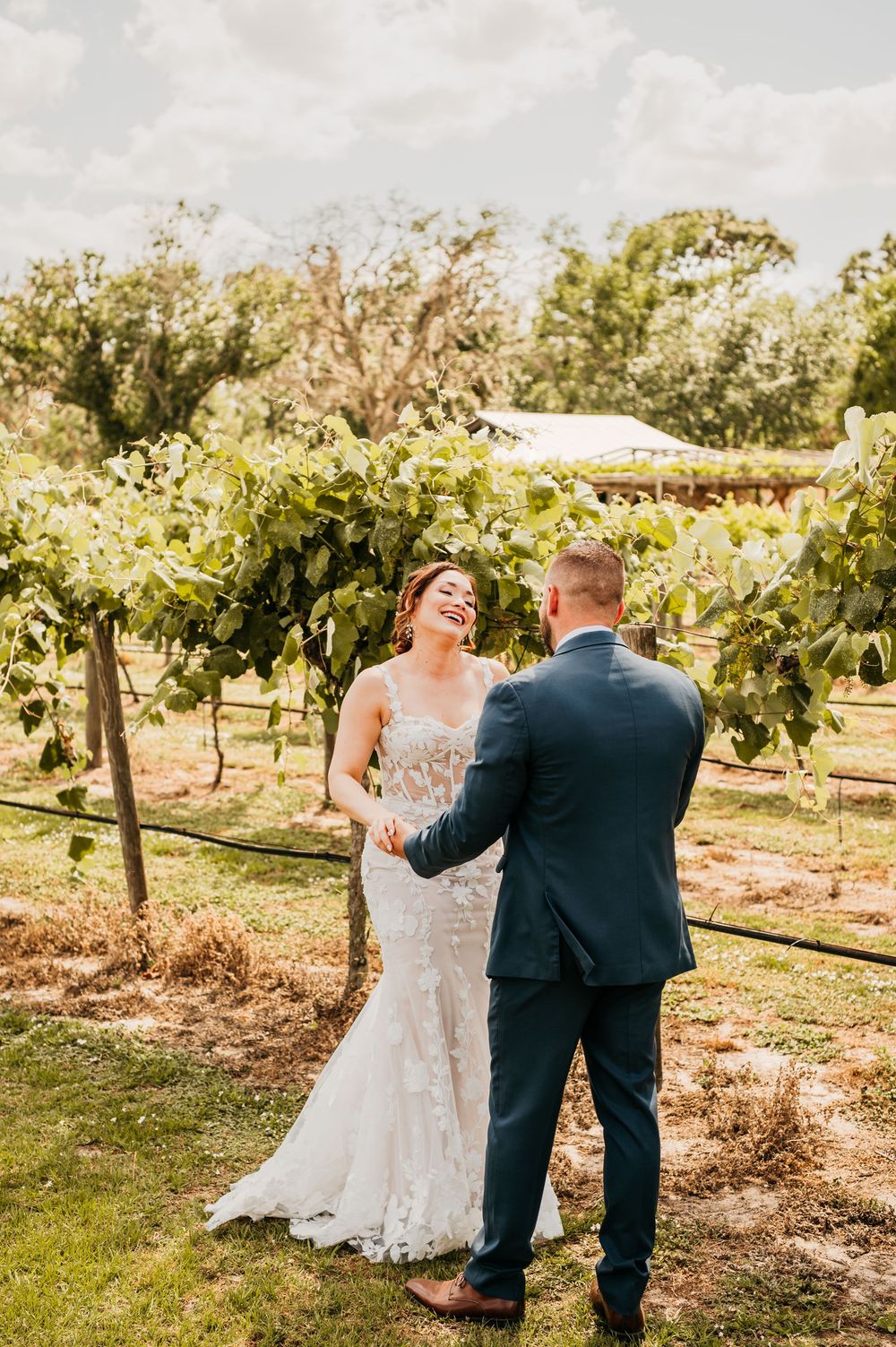 A couple shares an intimate first look moment in a sun-drenched vineyard on their wedding day.