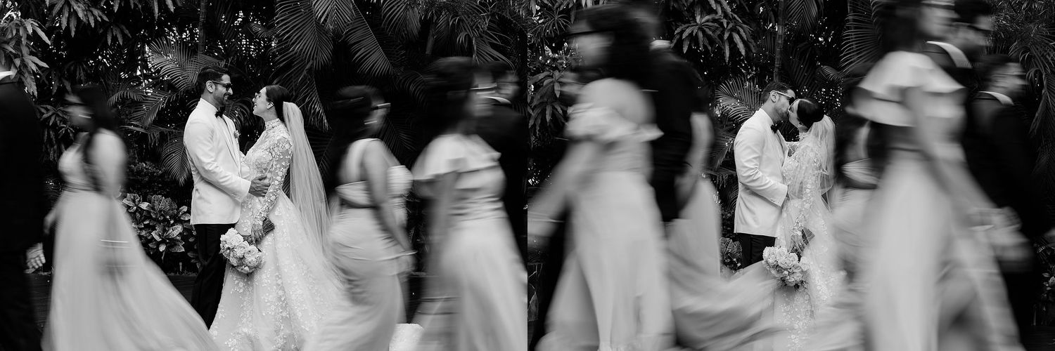 Wedding venue details showing tropical garden pathway and ornate indoor reception space.