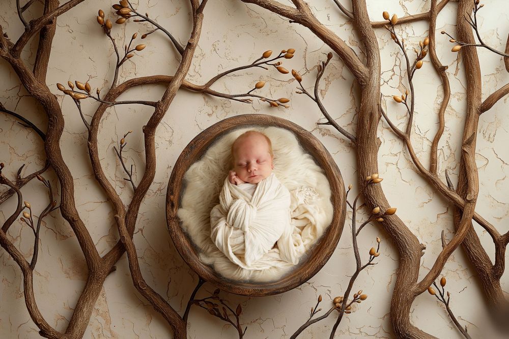 Three circular photos showcasing a newborn baby against a backdrop of twisting bare tree branches and white fabric.