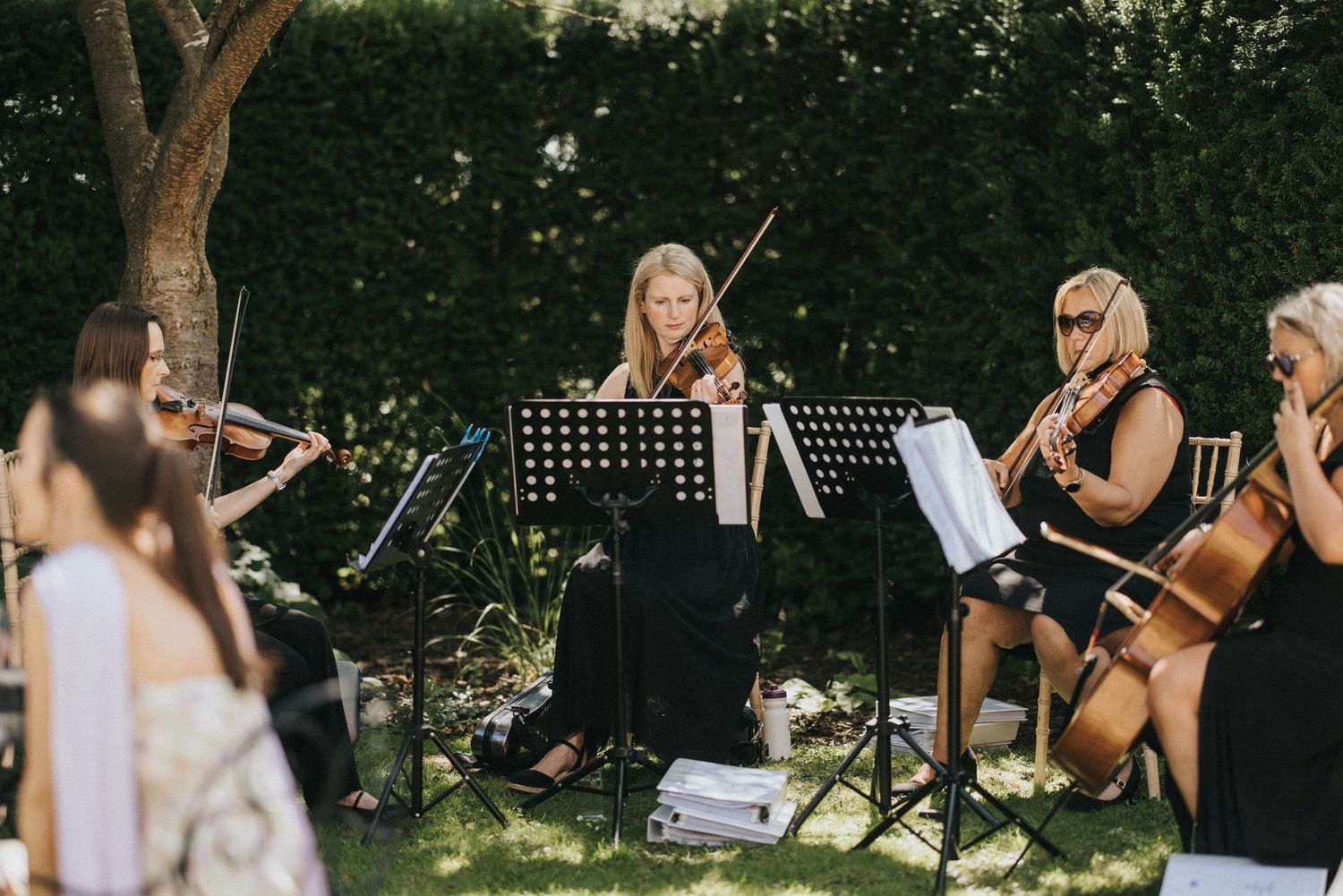 Classical musicians perform outdoors in a garden setting with string instruments and music stands at Saltmarshe Hall.