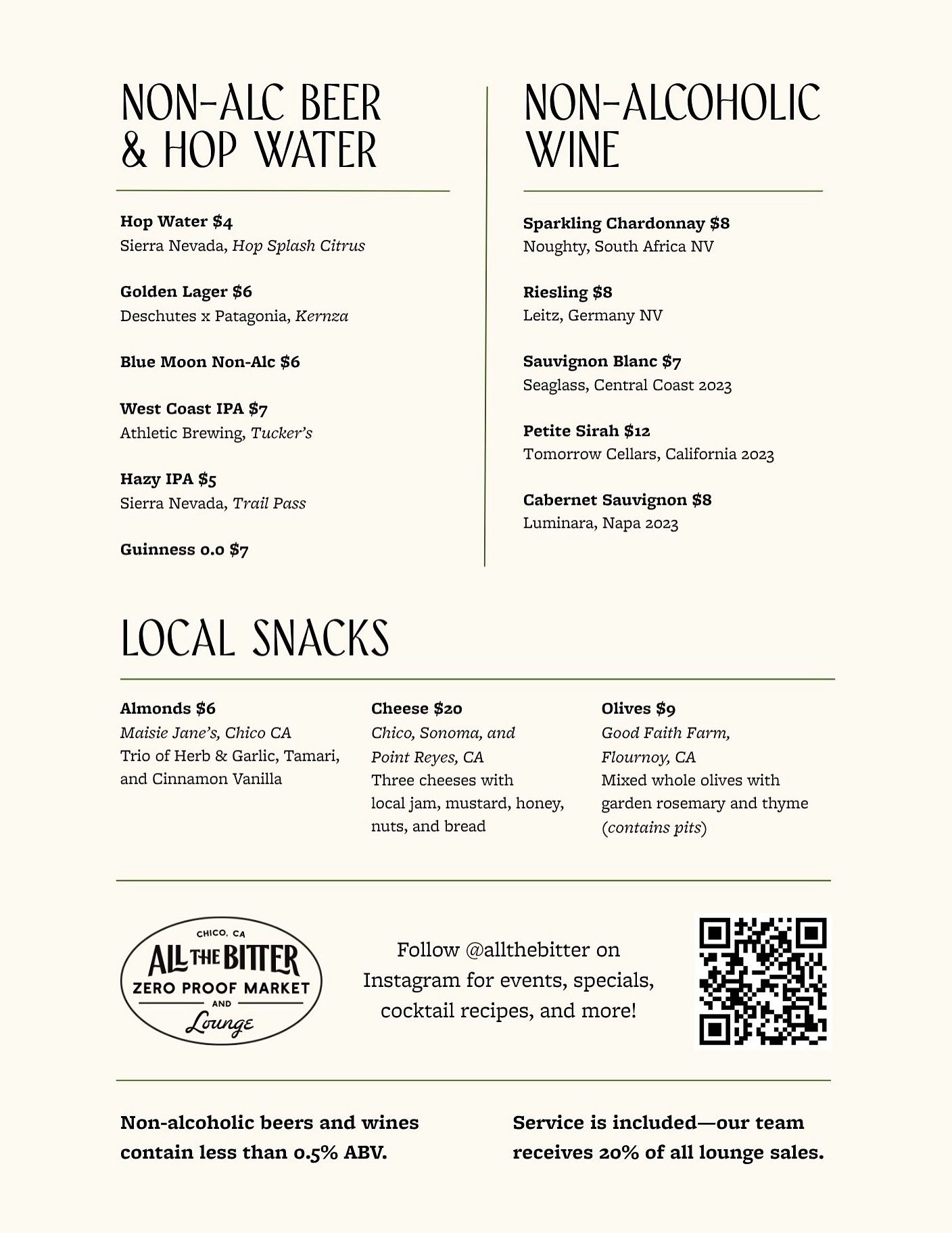 A menu section displaying beverage and snack options with QR codes and local offerings at a dining establishment.