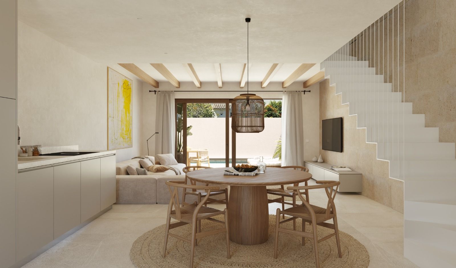 Modern open plan dining area with round wooden table, wishbone chairs and white stairs leading to upper level.
