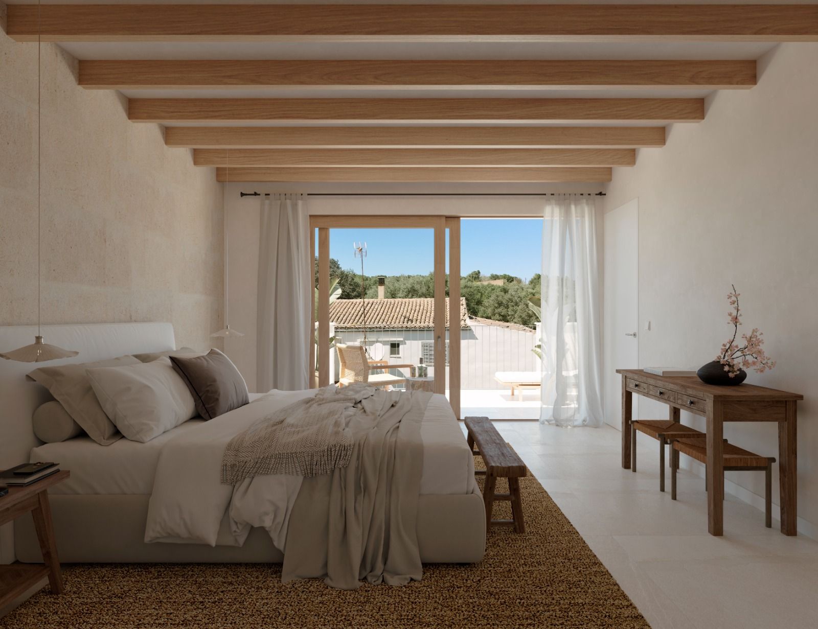 Modern Mediterranean bedroom with exposed wooden beams, natural textures, and floor-to-ceiling windows opening to outdoor view.