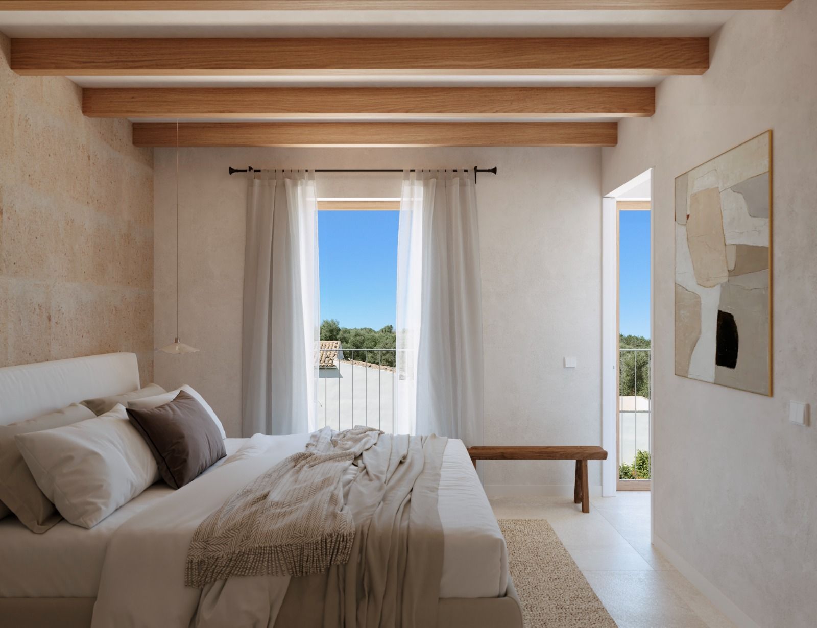 Bright Mediterranean bedroom with white walls, wooden beams, flowing curtains and scenic window views of blue skies.