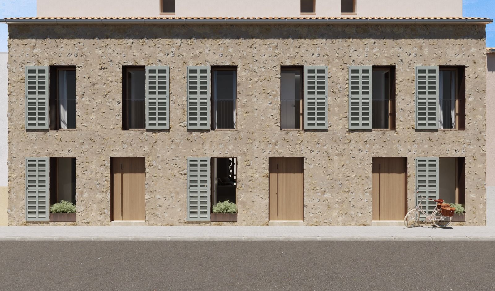 Simple stone residential building facade with six shuttered windows and three wooden doors on ground level.