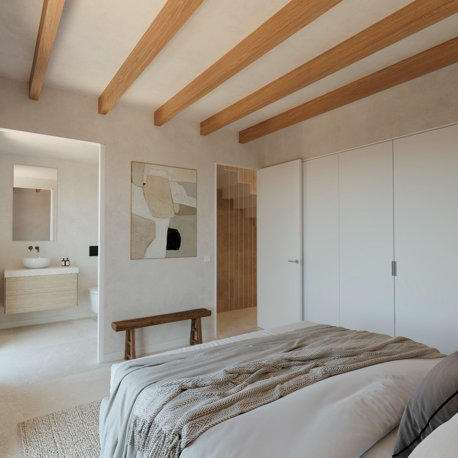 Modern minimalist bedroom with wooden ceiling beams, built-in closets, and an en-suite bathroom featuring neutral tones.