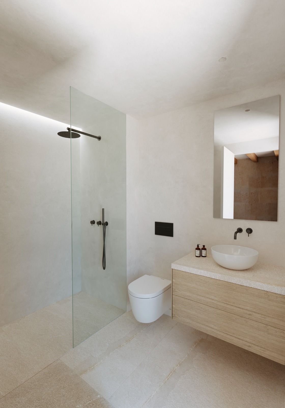 Minimalist white bathroom interior with floating wooden vanity, vessel sink, and frameless glass shower partition and white fixtures.