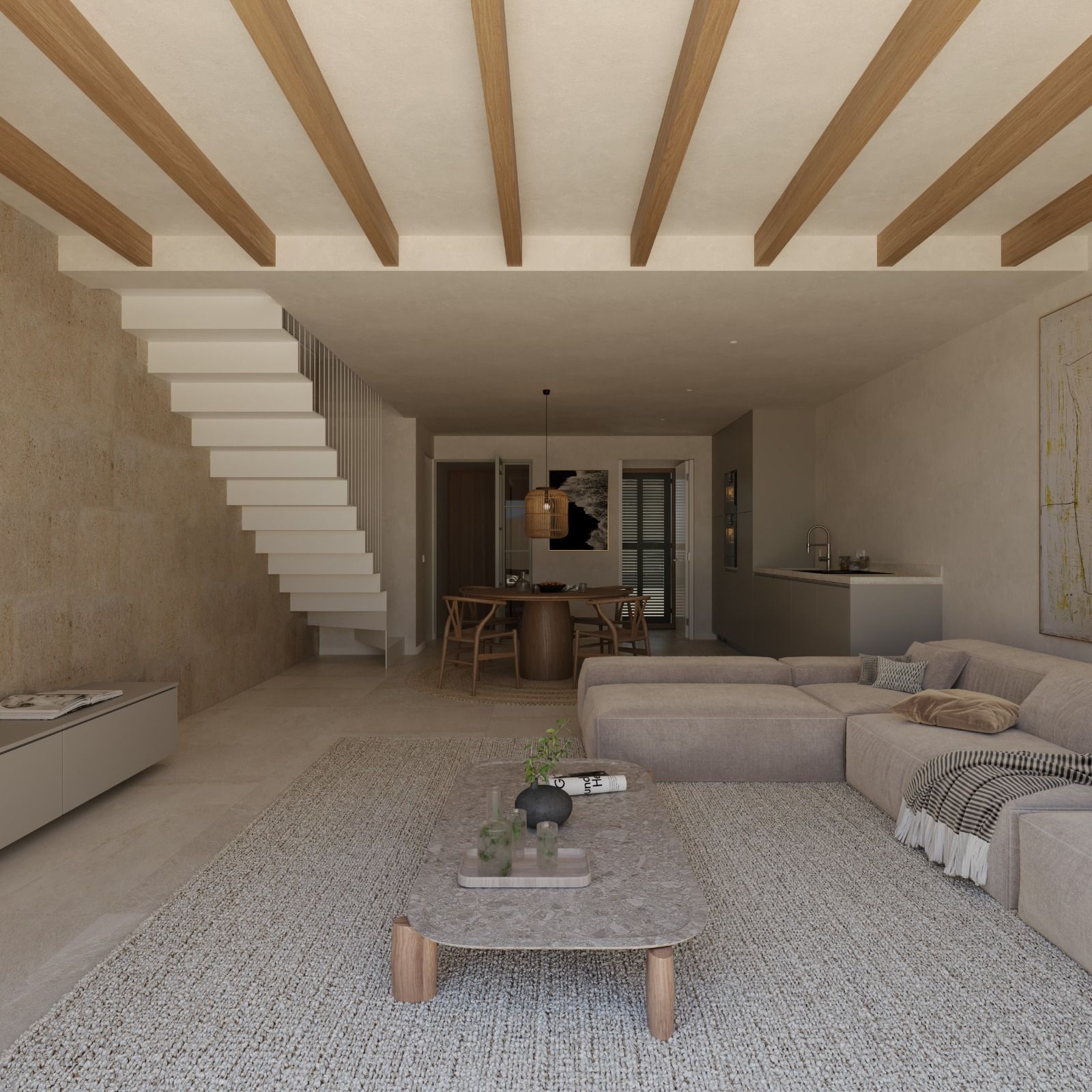 Modern living room with exposed wooden beams showcases minimalist decor and a neutral color palette.