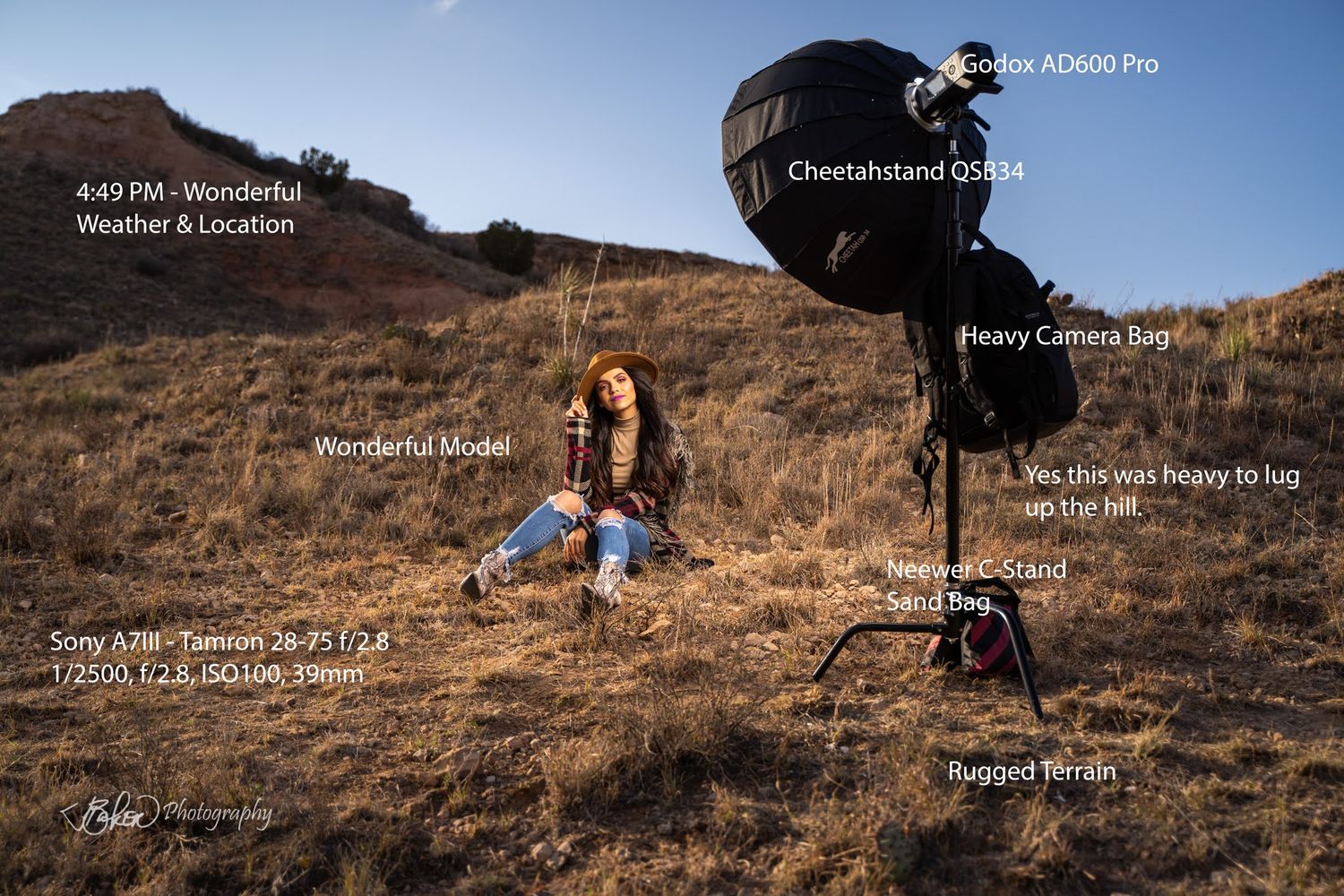 Photographers set up camera equipment on a brown grassy hillside during golden hour to capture landscape shots.