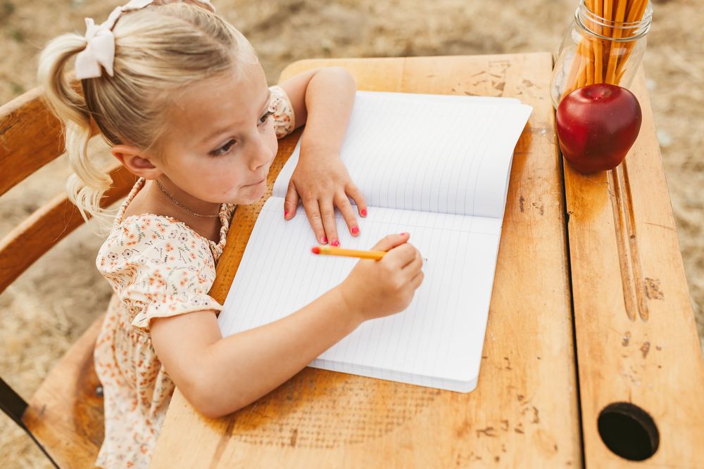 Children write and draw together at a wooden desk outdoors in warm sunlight.