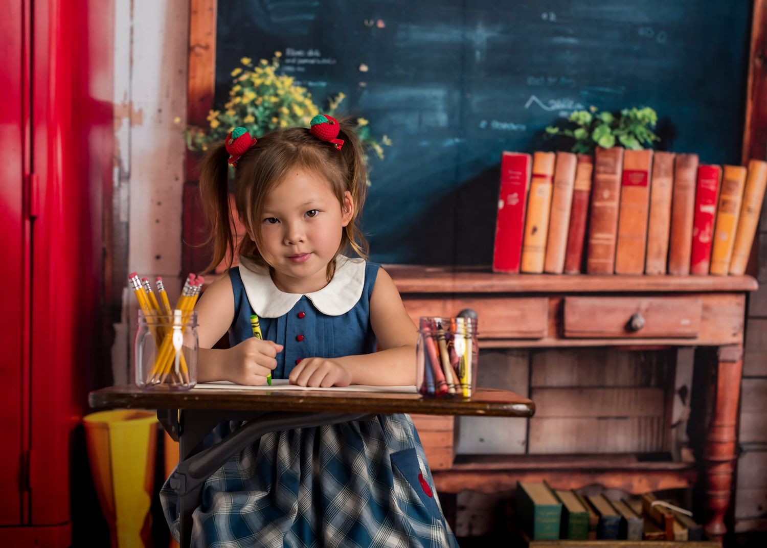 Back to school photo collage showing young student with chalkboard signs and props in multiple poses.
