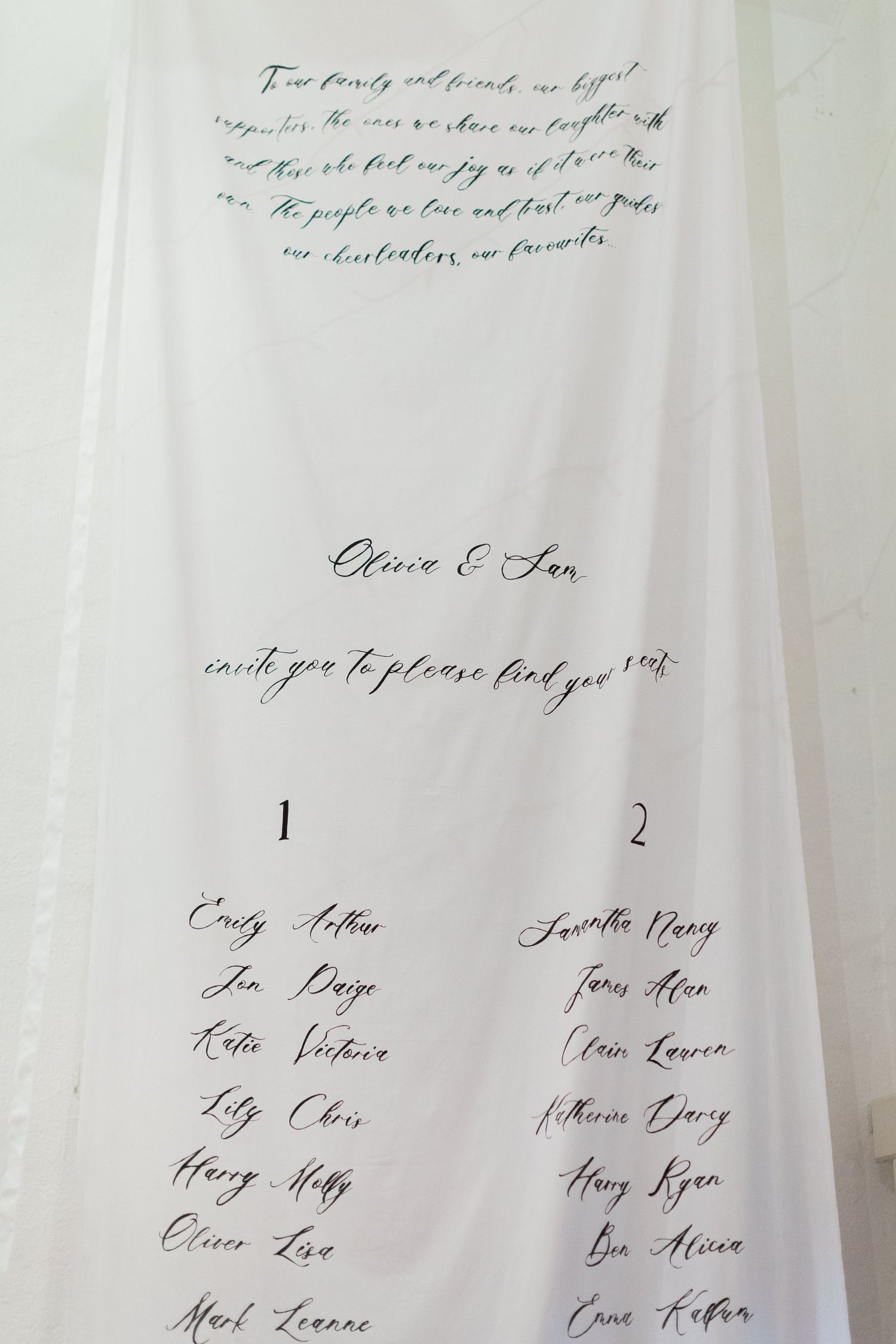 Hand painted seating plan with elegant calligraphy for a wedding reception at Merriscourt Oxfordshire by Hayley Elizabeth Photography