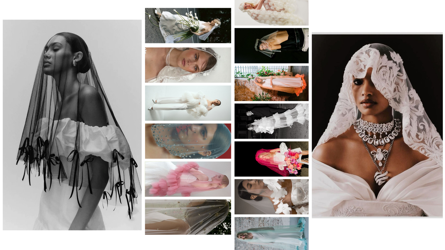 Editorial style bridal photo collage highlighting dramatic veils and elegant accessories.