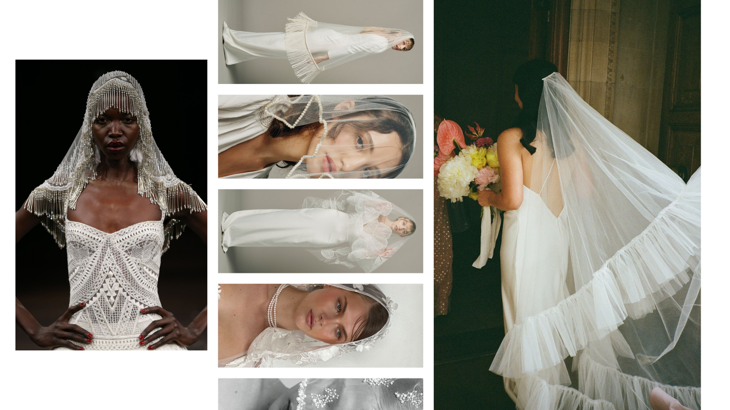 Stylized bridal portrait collage showcasing different veil and lace details in black and white.