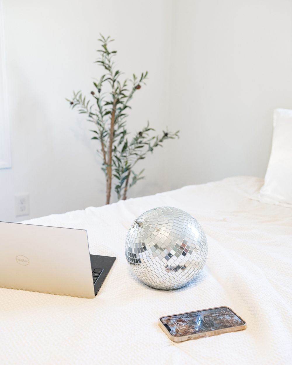 Minimalist workspace with laptop, disco ball, and potted plant on white surface.