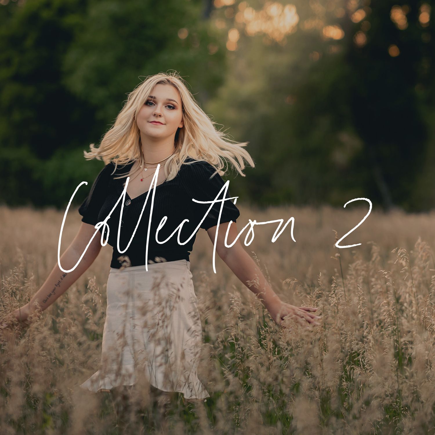 Dreamy sunset portrait through autumn grass with text overlay.