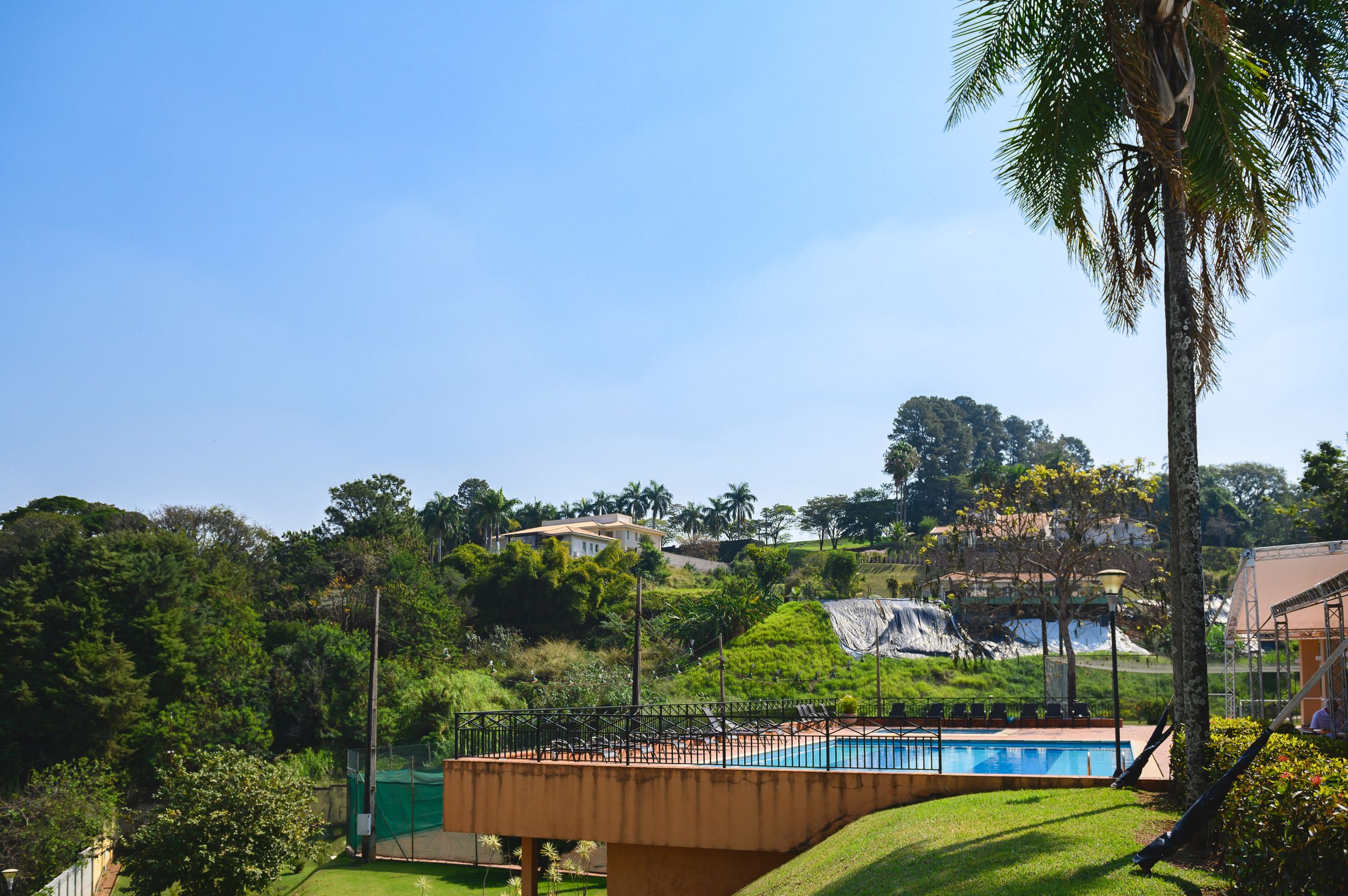 A swimming pool and palm tree overlook a hillside neighborhood on a sunny day in Southern California.