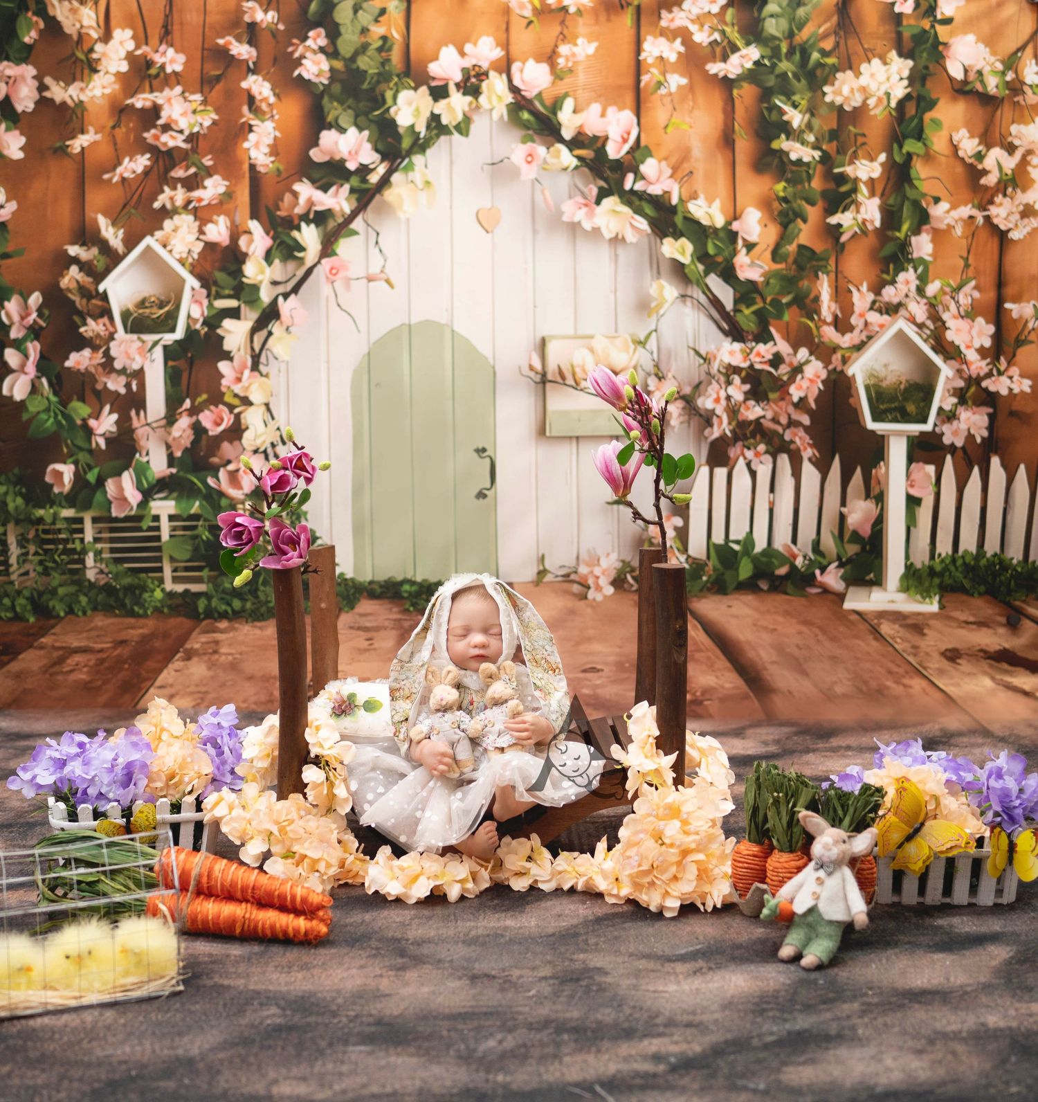 Enchanting garden scene with white door, floral archway, and rustic decor with natural vegetables.