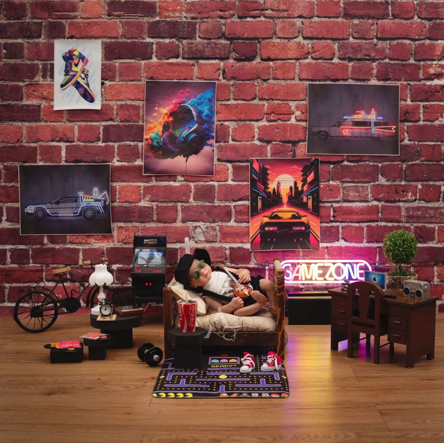 Creative photography setup with Back to the Future themed decor against a brick wall with movie posters and neon lights.