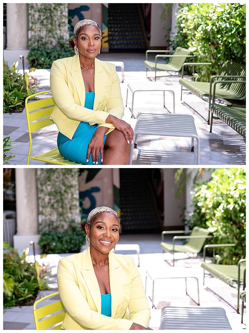 Casual lifestyle personal branding photograph of a woman sitting outdoors in West Palm Beach, Florida.