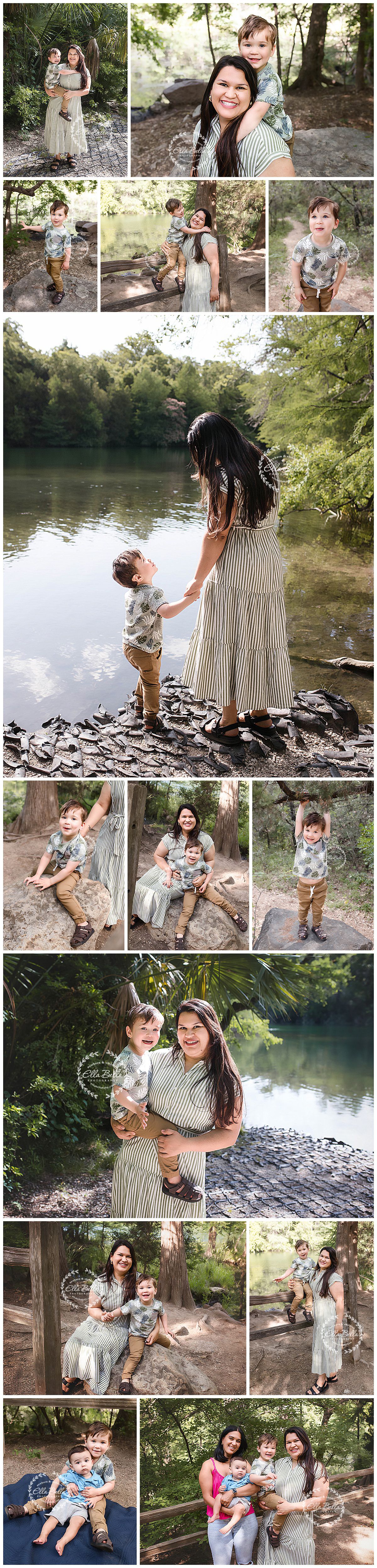 Beautiful outdoor family photoshoot featuring candid moments by a serene lake and forest setting, with matching casual outfits.