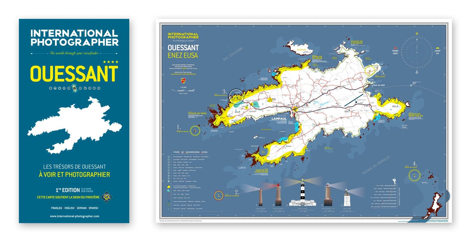 Two views of Ouessant island in France showing a blue maritime atlas and a detailed topographical map with coastal features.