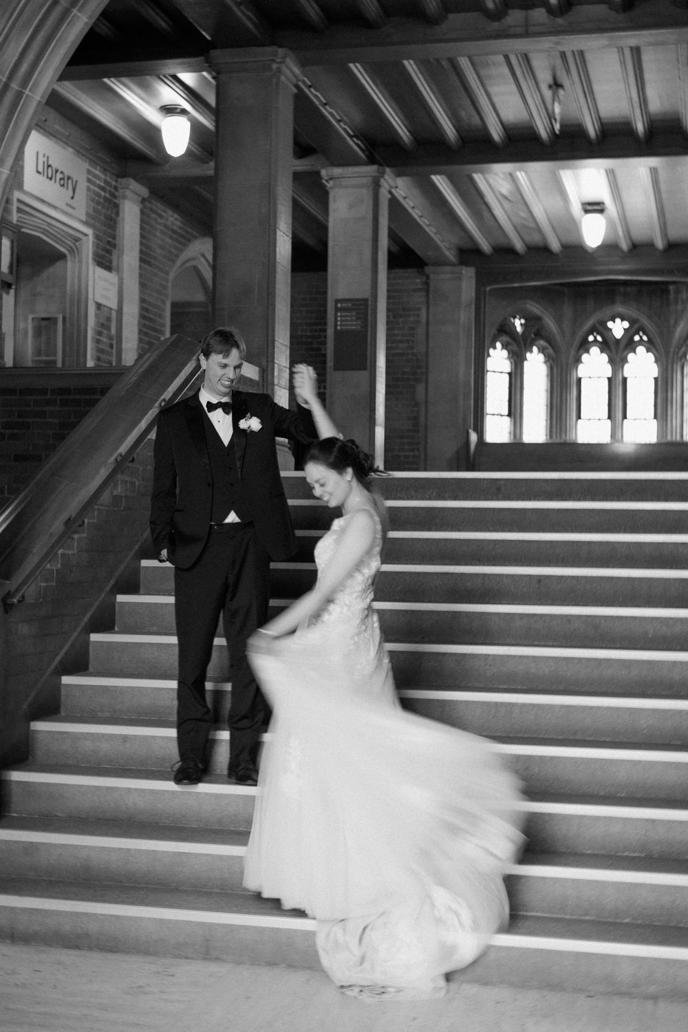 Series of black and white wedding photos captured on grand architectural steps.