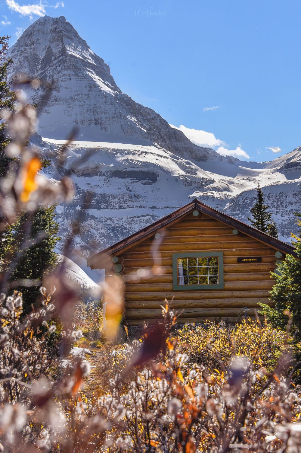 Log cabin nestled beneath towering mountain peak with autumn foliage in foreground.