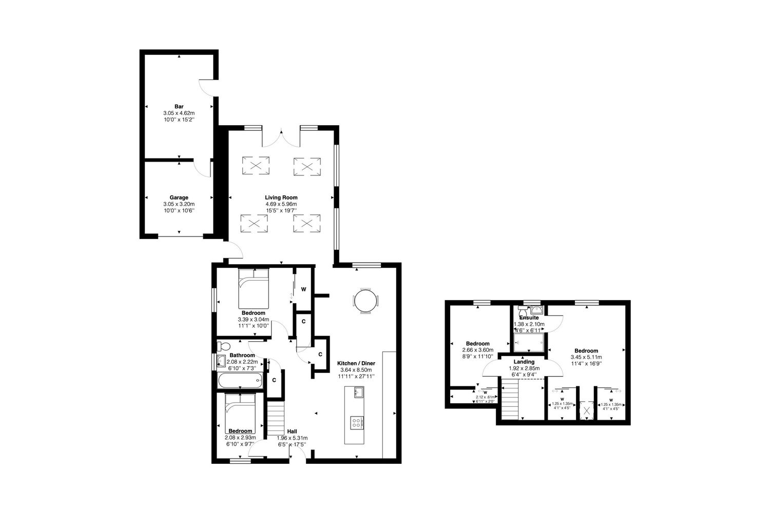 Black and white architectural floor plan showing layout of rooms across two levels with bedrooms, bathrooms and living spaces.