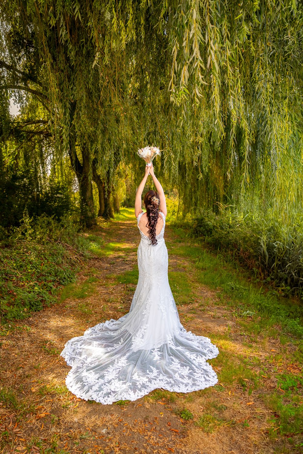 White lace wedding dress with long train displayed on path under weeping willow trees.
