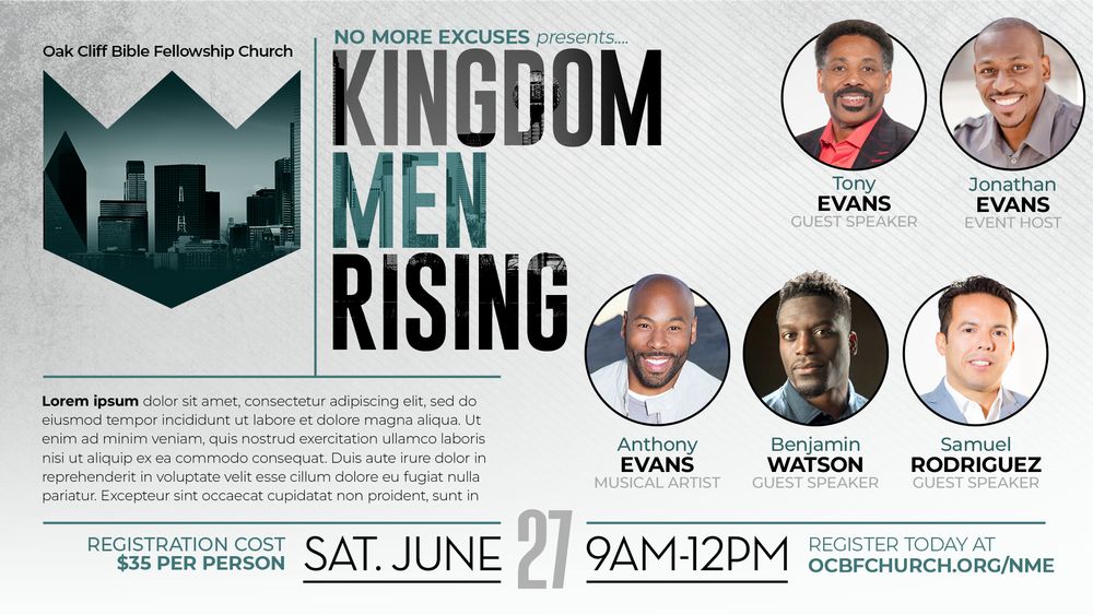 Kingdom Men Rising promotional event banner featuring five speakers and a cityscape silhouette design.