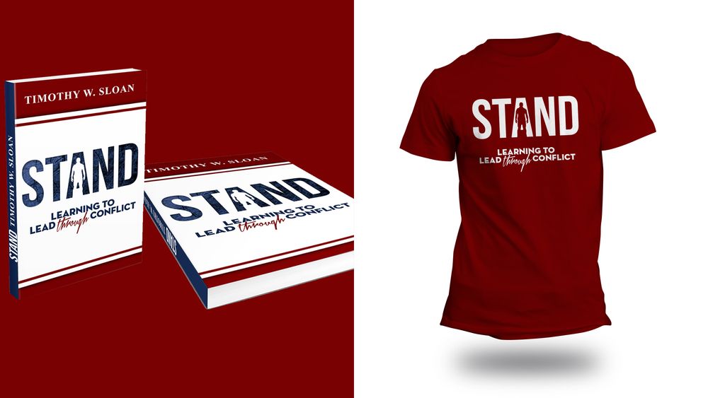 Book cover and t-shirt design for 'STAND' in red and white color scheme.