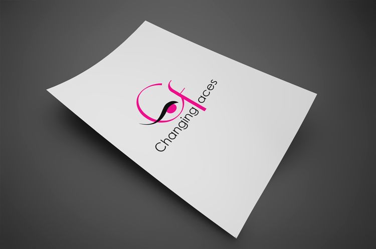 Minimalist logo design with pink curves forming an abstract female silhouette on white paper.