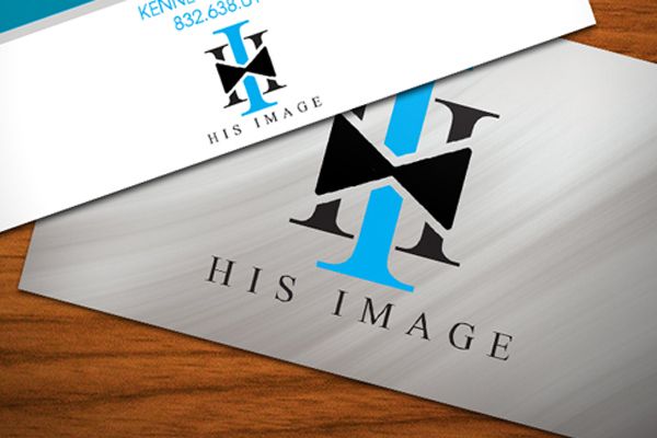 Modern monogram logo design for 'His Image' in black and blue on white stationery.