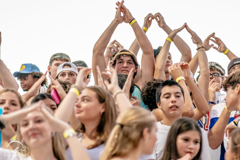 Enthusiastic spectators raising their hands and cheering in stadium bleachers.