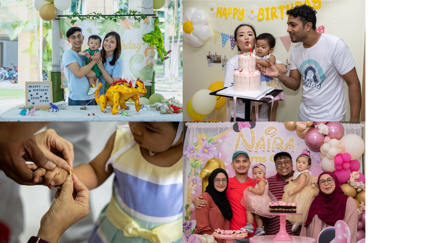 A collage of birthday celebration moments featuring family gatherings and party decorations.