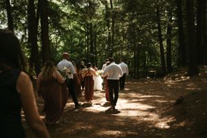 Wedding party walks along sunlit forest path during ceremony.