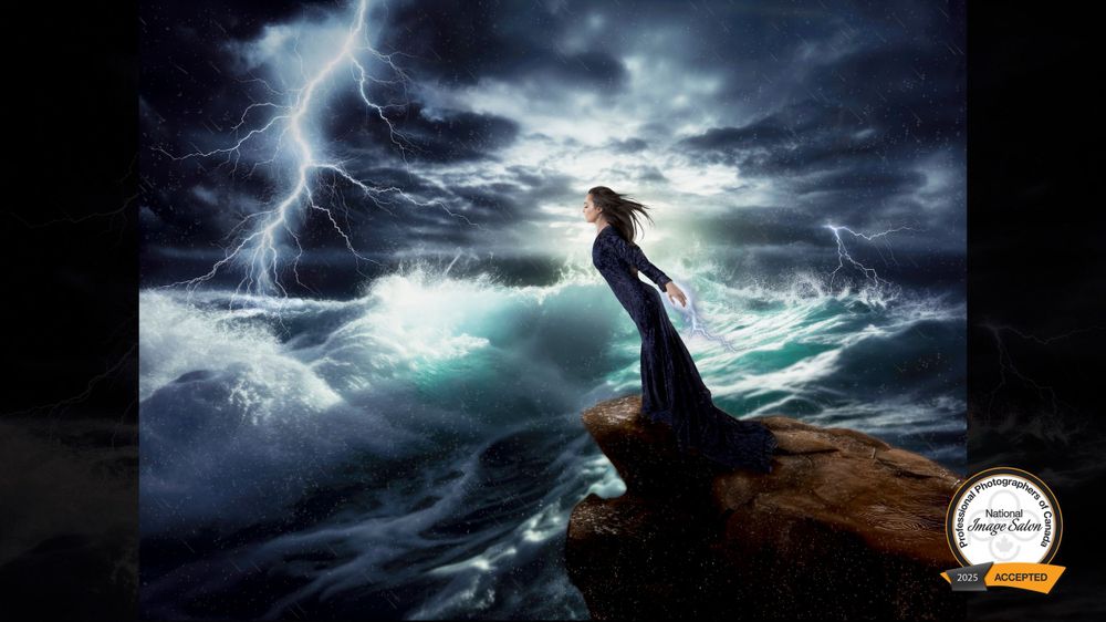 A silhouetted figure stands on a rocky cliff overlooking turbulent seas as lightning strikes in the stormy sky.