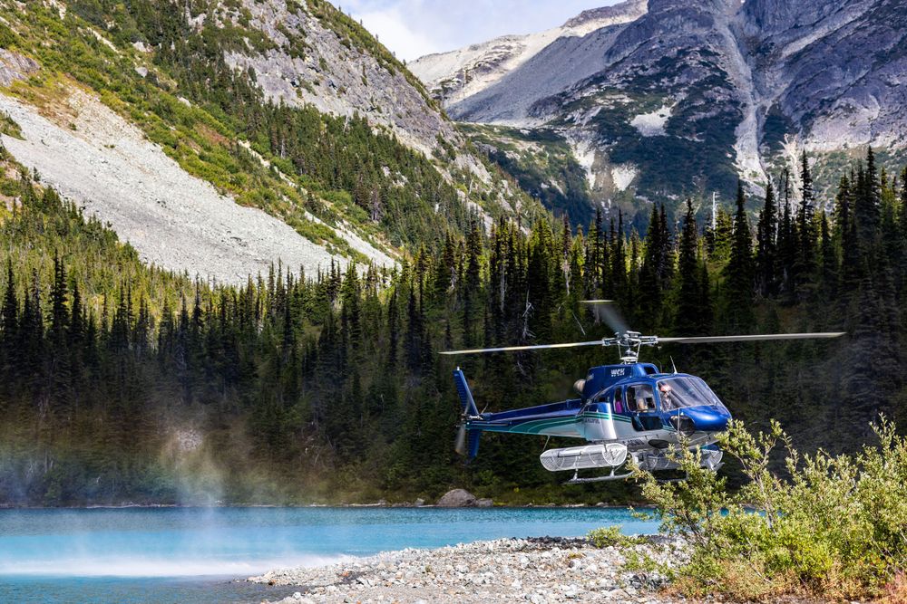 A blue helicopter hovers near a pristine mountain lake surrounded by evergreen forest and snow-capped peaks in the wilderness in Bella Coola